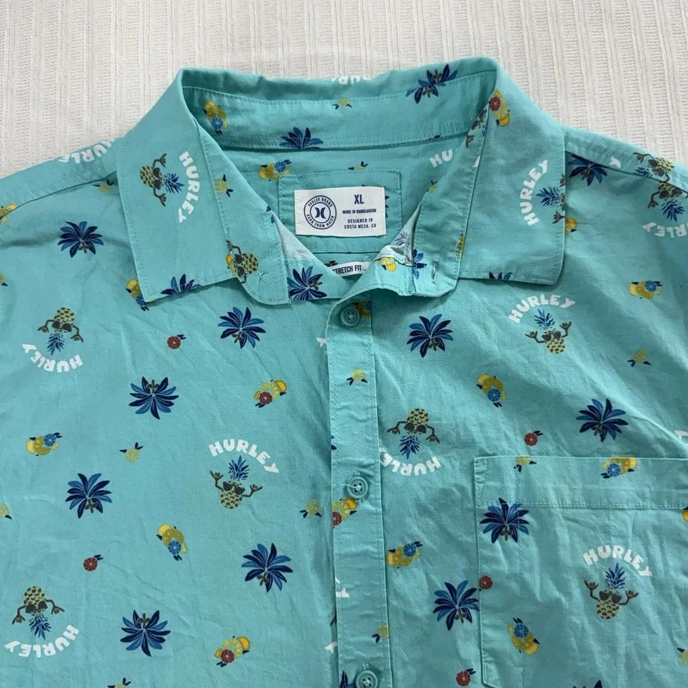 Hurley Men XL Teal Tropical Hawaiian Button Up Stretch Fit Logo Print Surf Beach